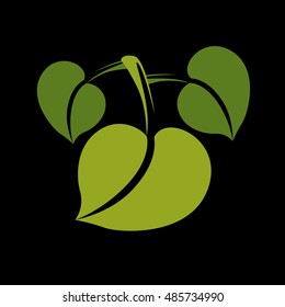 Three vector flat green leaves. Herbal and botany art symbol, spring season stylized ecology icon. Environment conservation element.