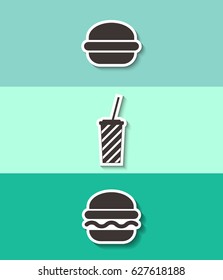 Three vector flat icon of burger and soft drink. Fast food symbol. 