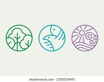 Three vector flat icons representing nature wildlife and energy as main categories of governments focus