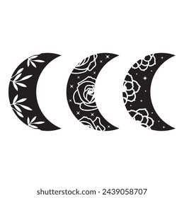Three vector floral moons in black and white colors with flowers, stars and leaves inside