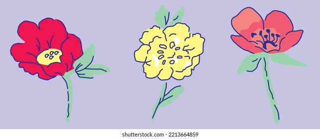
Tres flores vectoriales: peonía, amapola, crisantemo.
Un conjunto de flores vectoriales de color rojo, amarillo y rosa.