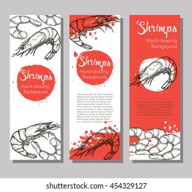 Three vector flyer with linear silhouettes of sea shrimps. Sketch of shrimp in vintage style. Brochures with seafood illustrations for design
