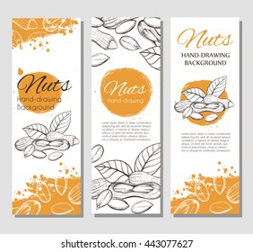 Three vector flyers with linear sketches of nuts.Background with silhouettes of peanuts. Brochures with plants in vintage style.