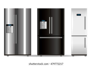 Three vector fridges in different colors on white background