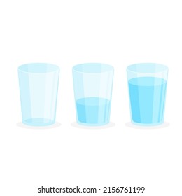 Three vector glass of water. Full, half and empty. Drink more water concept.