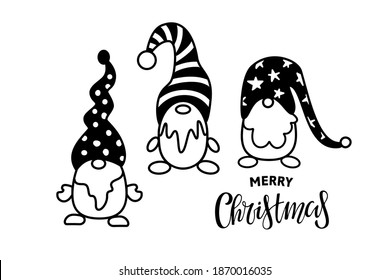 Three Vector gnomes and Merry Christmas lettering. Design for Merry Christmas and Happy New Year Card, DIY, greeting card, wrapping paper in Flat Style. Kids illustration.