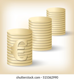 Three vector golden coin and euro symbol