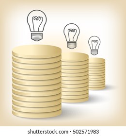 Three vector golden coin and idea symbol