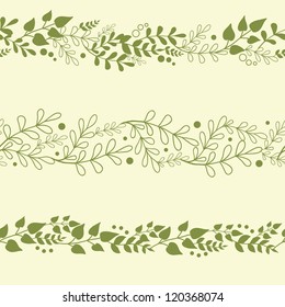 Three vector green plants horizontal seamless pattern background set with abstract plants with fun leaves and branches forming a floral texture.