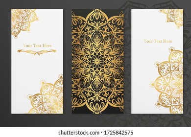 Tres tarjetas vectoriales de bienvenida con mandalas de encaje dorado y con espacio para texto