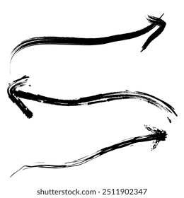 Tres flechas grunge de Vector con direcciones a la derecha y a la izquierda. Flechas ligeramente onduladas dibujadas para diagramas esquemáticos. Señales de dirección, flecha grunge. Dibujo de Vector.