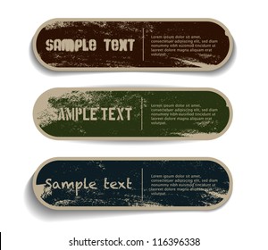 Three vector grungy paper stickers / banners / badges / labels with hand painted / cracked paint worn out backgrounds