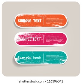 Three vector grungy paper stickers / banners / badges / labels with hand painted / cracked paint worn out backgrounds