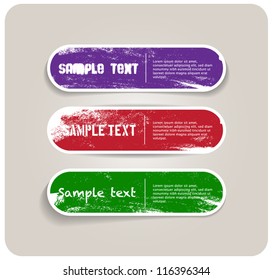 Three vector grungy paper stickers / banners / badges / labels with hand painted / cracked paint worn out backgrounds