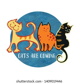 Three vector hand drawn funny cats. Design template for T-shirt, postcard or funny type.