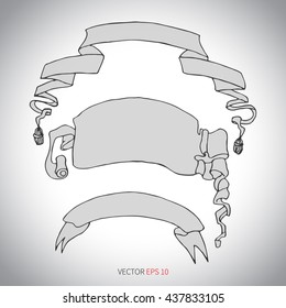 Three vector hand drawn vintage ribbon banners.