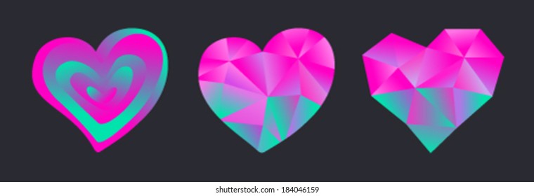 Three vector hearts. Faceted diamond hearts. Chameleon diamonds.