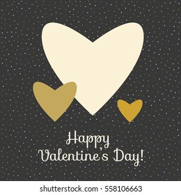 Three vector hearts in gold colors on black background. Valentines day card template