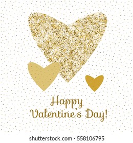 Three vector hearts in gold colors on white background. Valentines day card template