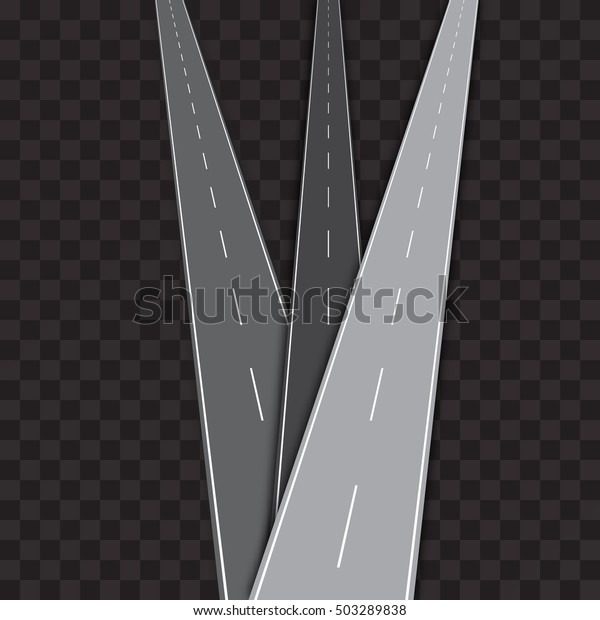 Three vector highway roads, crossed and isolated\
on transparent background. Road vector, highway concept. Straight\
roads direction forward.