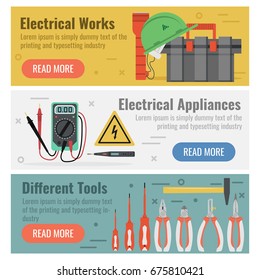 Three vector horizontal banners electrical works. Green hard hat, tool box and many special professional devices and tools in flat style