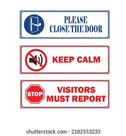 Three vector icon stickers symbolizing the order to close the door again, the no-noise sign, and the order sign that guests please report.