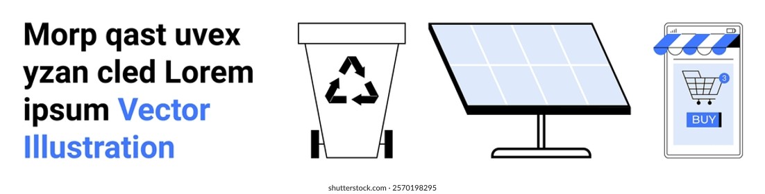 Three vector icons are included a recycling bin, a solar panel, and a smartphone displaying an online store with a shopping cart. Ideal for environmental sustainability, renewable energy, e-commerce