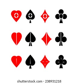 Three vector icons set or background - Red and black cards suits symbols on isolated white background.