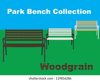 Three vector illustrated wooden park benches, one with a dark wood tone, one with a light/pine wood tone and one with a bleached white tone.