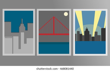 Three vector illustration which depicts a night city, bridge, spotlights,skyscrapers.
New York city, Golden gate bridge