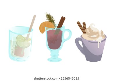 Three vector illustrations of beverages: drink with herbs in a glass, mulled wine with orange slice and cinnamon in a transparent mug, and creamy hot chocolate with whipped cream and wafer sticks