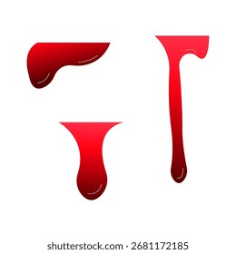 Drei Vektorgrafiken von Blutspritzer und Tropfen, perfekt für Horror oder medizinische Designs. Roter Farbverlauf, hohe Auflösung.