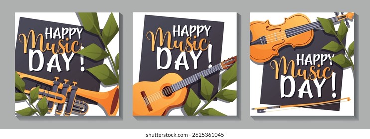 Three vector illustrations with close-up musical instruments and Happy Music Day text. Perfect for posts, banners, or digital cards.
