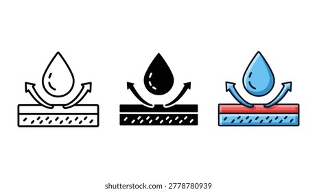 Three vector illustrations depicting a water drop on a layered material, with arrows indicating liquid absorption or repulsion. Icons show different styles: outline, solid black, and colored.