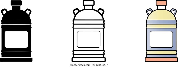 Three vector illustrations of industrial liquid storage tanks shown in solid silhouette outline and colorful flat design graphic styles