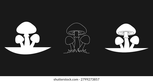 Three vector illustrations of mushrooms on a Black background are shown, featuring varying levels of detail and shading.