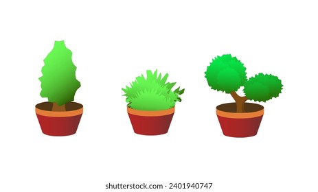 three vector illustrations of potted plants in flower pots on white background. Perfect for stickers, book covers, home decor, and logo or poster design backgrounds.