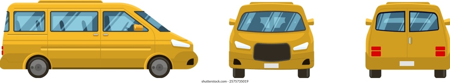 Three vector illustrations presenting a yellow minivan from its front, side and rear view, showcasing its design and features for transportation purposes
