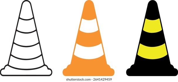 Three vector illustrations of safety cones in black white orange and black yellow color scheme