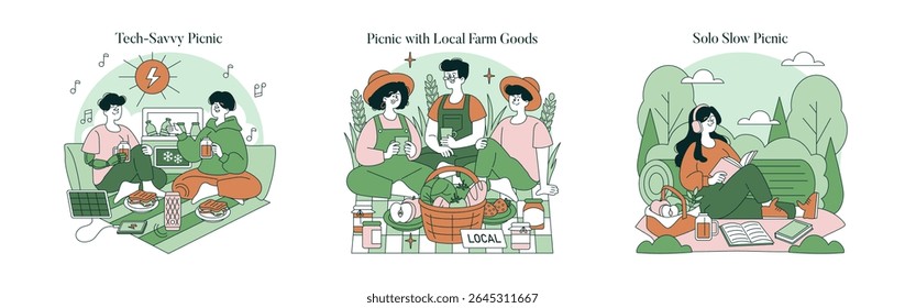 Three vector illustrations showcasing different picnic styles: a tech-savvy picnic with gadgets, a local farm goods picnic with fresh produce, and a solo slow picnic with reading and relaxation.