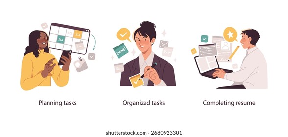 Three vector illustrations showing business productivity processes including planning tasks, organizing workflow, and completing a professional resume.