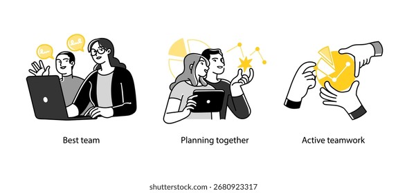 Tres Ilustraciones vectoriales que muestran el trabajo en equipo del negocio, incluida la planificación colaborativa, la contribución activa y la construcción del equipo con el mejor rendimiento.