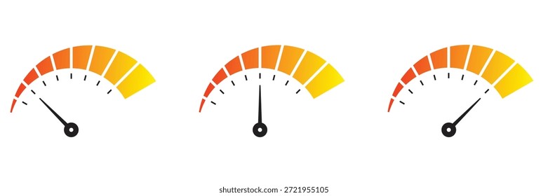 Tres Ilustraciones vectoriales de velocímetros con una escala de gradiente colorida y un puntero. Estos indicadores representan métricas o niveles de rendimiento. Ideal para cuadros de mando, infografías o visualización de conceptos.