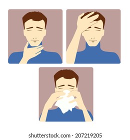 Three vector image of a man complaining about headache, sore throat and cold. Each image shows symptoms of a cold