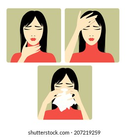 Three vector image of a woman complaining about headache, sore throat and cold. Each image shows symptoms of a cold