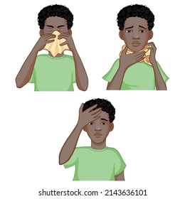 Three vector images of a little African American boy complaining about headache, sore throat and cold. Each image shows possible symptoms of a cold.