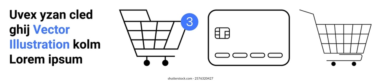 Three vector images a shopping cart with a number tag, a credit card, and another shopping cart. Ideal for online shopping, e-commerce, digital payments, retail and business marketing. Banner