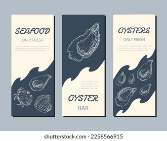 Three vector leaflets with hand-drawn oysters and crabs. Seafood Brochures for design .