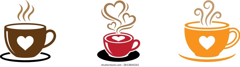 Three vector logo designs featuring coffee cups with heart-shaped steam. Ideal for coffee shops, cafes, and beverage branding concepts.