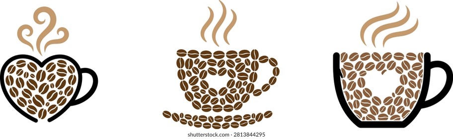 Three vector logo designs featuring coffee cups and a heart shape, creatively constructed from coffee beans with rising steam, ideal for coffee shops.